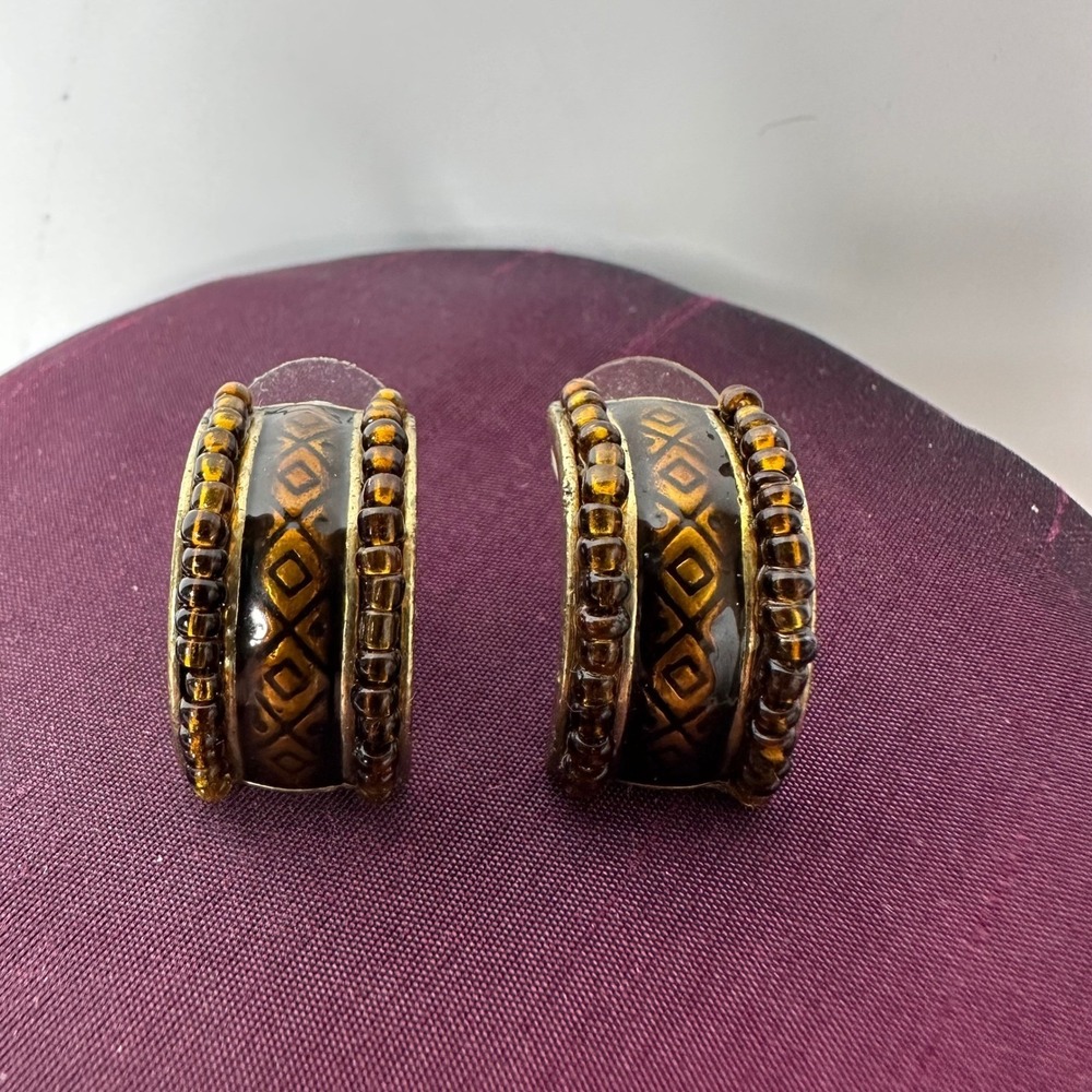Half Hoop Brown Beaded Post Earrings Geometric Enamel Gold Tone‎ Tribal Boho